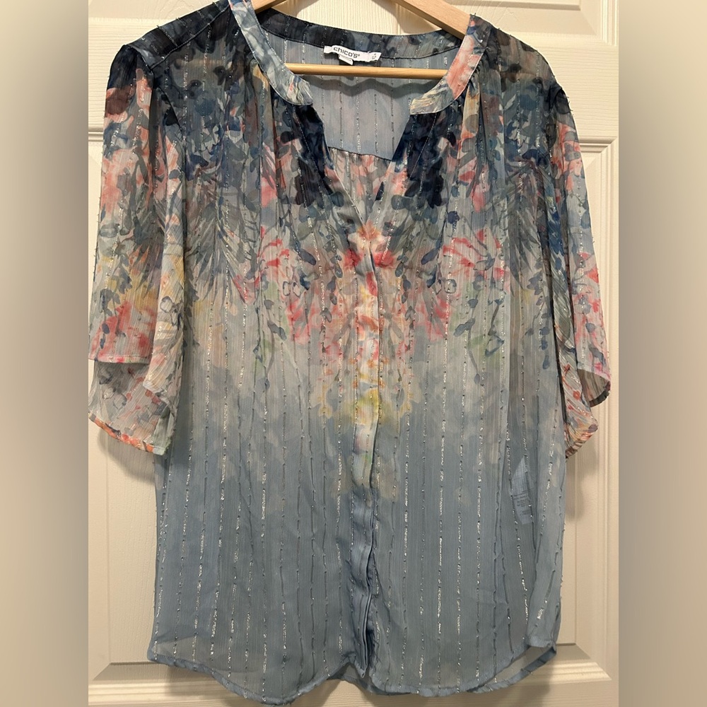 Chico's Cascading Watercolor Floral Blouse with Silver Sparkle Stripes